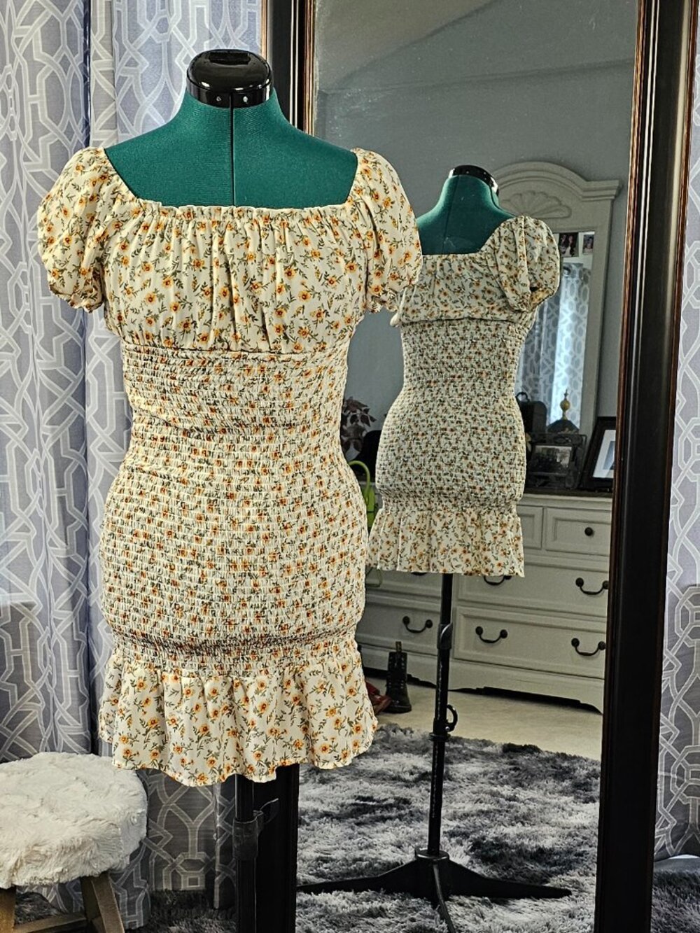 Almost Famous Yellow Floral Smocked Mini Dress – Puff Sleeve Square Neck, Size S